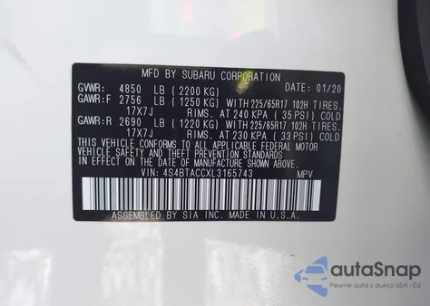 2020 Subaru Outback Premium z USA, uszkodzony, nr VIN 4S4BTACCXL3165743